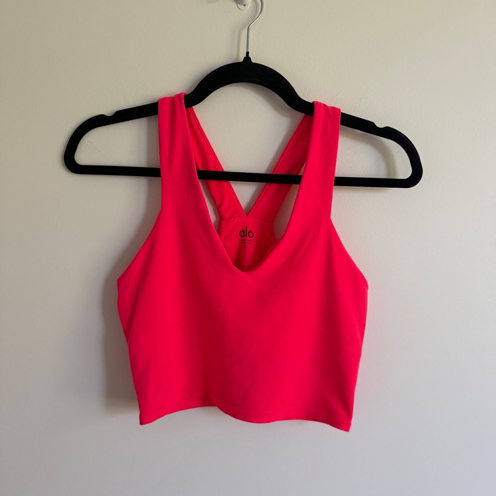 Alo Yoga Real Bra Tank Pink Neon V-Neck Racerback Cropped Activewear Top RN87370